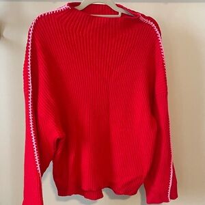 Sugarlips Red Mock Neck Sweater with Pink Embroidered Trim